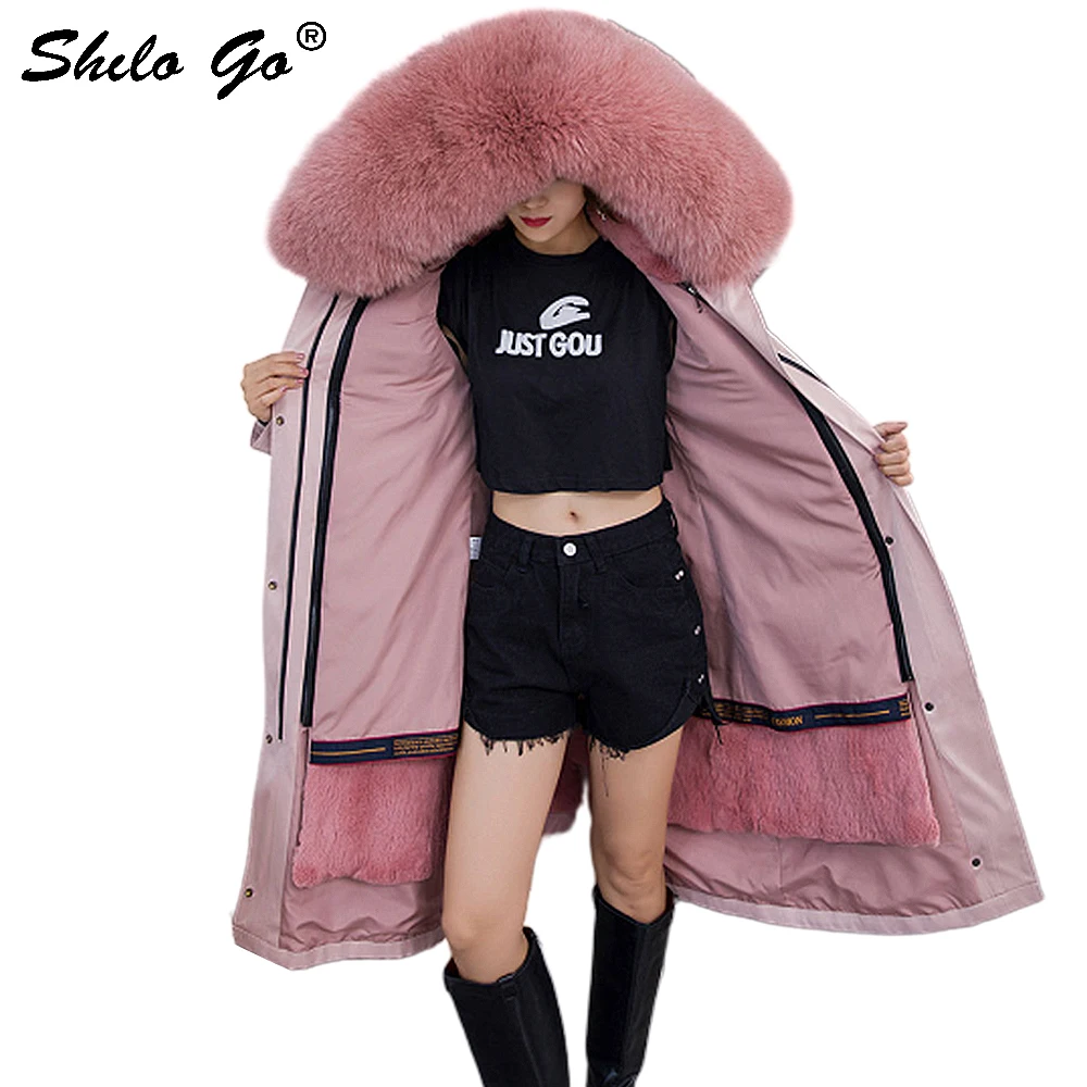 

Fur Parkas Plus Size Highstreet Real Fox Fur Collar Hooded Rabbit Fur Lining X-Long Coat Women Winter Casual Warm Solid Outwear