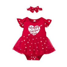 Vêtements d'été pour bébés filles, vêtements de saint valentin, manches volantes, col rond, imprimé cœur, body avec bandeau à nœud