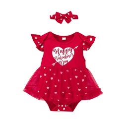 Vêtements d'été pour bébés filles, vêtements de saint valentin, manches volantes, col rond, imprimé cœur, body avec bandeau à nœud 