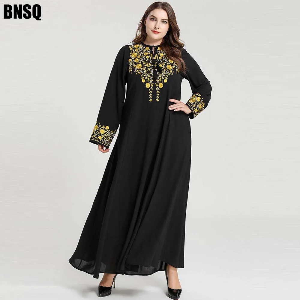 BNSQ элегантное исламское черное платье с длинными рукавами Abaya Дубай золотой