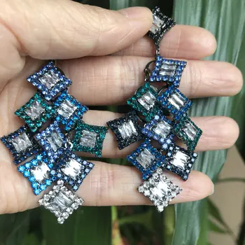 

Bilincolor Fashion Blue Square Zircon Big Geometric Tassel Long Drop Earring Female Party Gift
