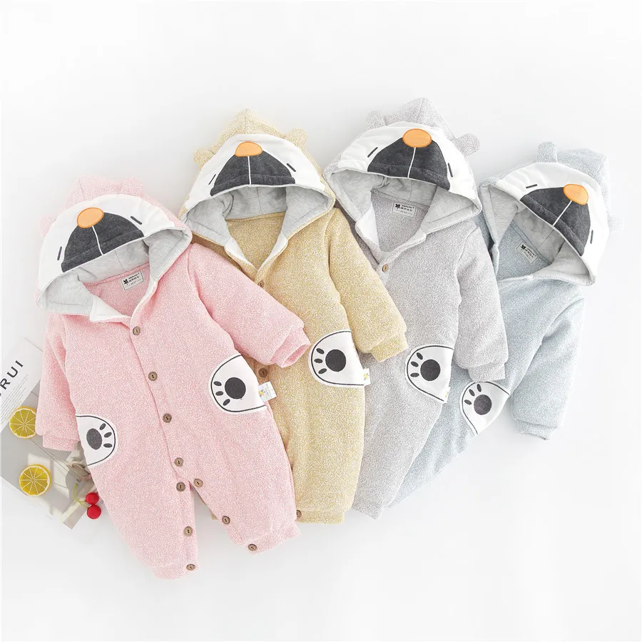 Хлопковые комбинезоны с длинными рукавами для маленьких мальчиков и девочек; зимний утепленный комбинезон с рисунком для новорожденных; одежда для малышей