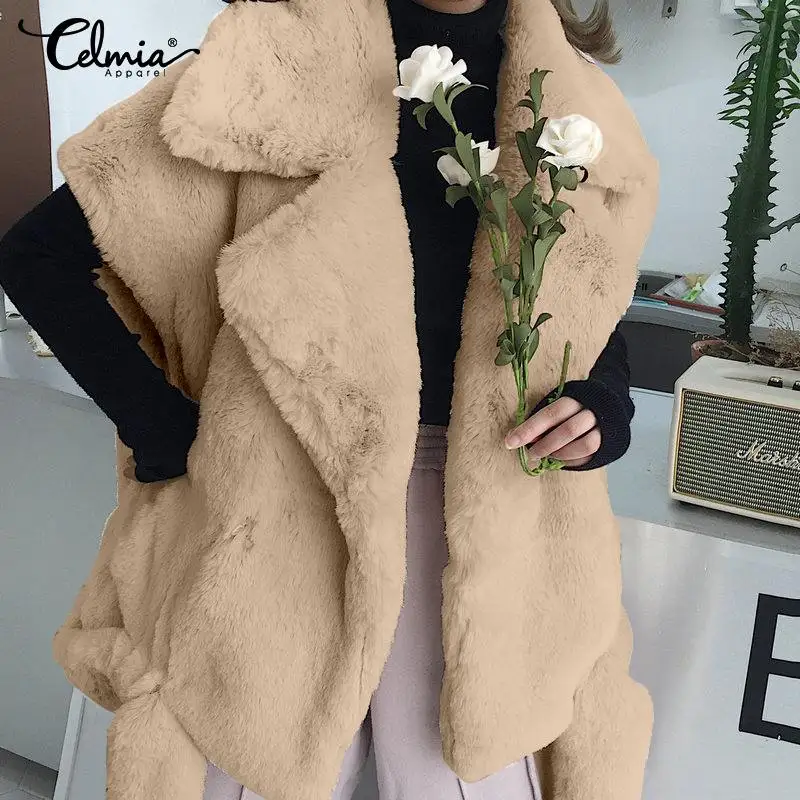 

Celmia Women Sleeveless Fluffy Waistcoat Coats 2019 Winter Warm Plush Vest Casual Loose Solid Outwear Jumpers Plus Size Jackets