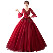 Роскошное бордовое пышное платье с v-образным вырезом, кружевное Пышное Платье с вышитыми цветами, темно-красное пышное платье больших размеров