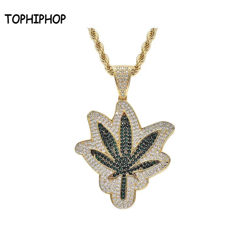 TOPHIPHOP Bling Iced Cubic Zirconia Green Maple Leaf Pendant Necklace Gold Brass Hiphop Jewelry Gifts for Men and Women | Украшения и