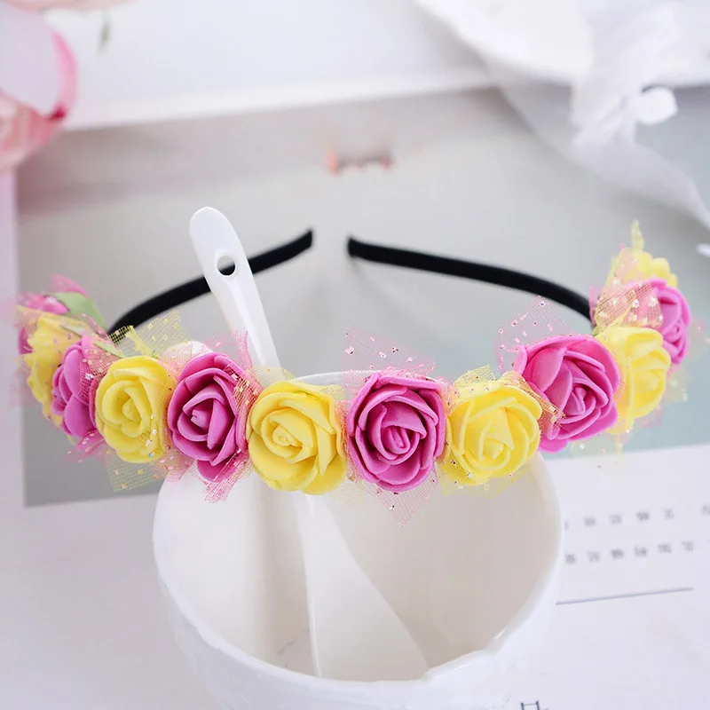 Rose Red yellow Горячие аксессуары для волос невесты и детей цветок оголовье пряжа Форма головной убор Венок Романтический ободок для волос головной убор для свадебной вечеринки - Цвет: Rose Red yellow