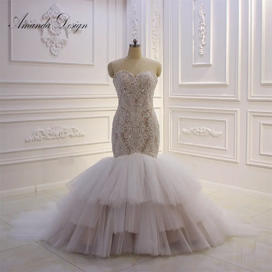 

Amanda Design robe de mariee boheme Sleeveless Lace Applique Mermaid Wedding Dress