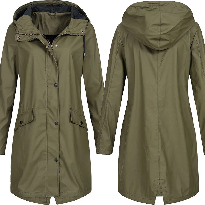 Spring Womens Hooded Long Windbreaker Coat Autumn Ladies Long Sleeve Jacket Outwear Femme Solid Outdoor Hiking Hoodie Raincoat