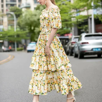 

Runway Bohemian Vintage Print Stretch Sexy Sling One-Shoulder Cake Women'S Designer New Spring-Summer High-Quality Dress