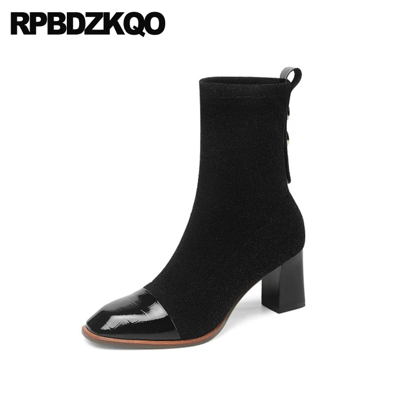 ankle short autumn patent leather chunky square toe japanese elastic black block high heel designer shoes women luxury fall