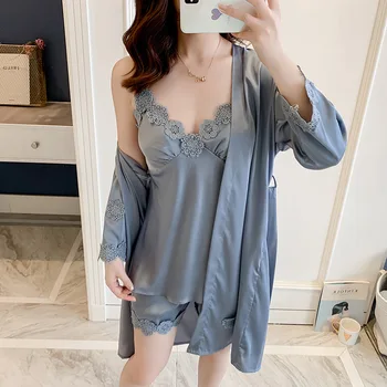 

Strap Top&Shorts Lady Sexy Kimono Bathrobe Gown Satin 3PCS Pajamas Suit Sleepwear Bridal Wedding Gift Casual Intimate Lingerie