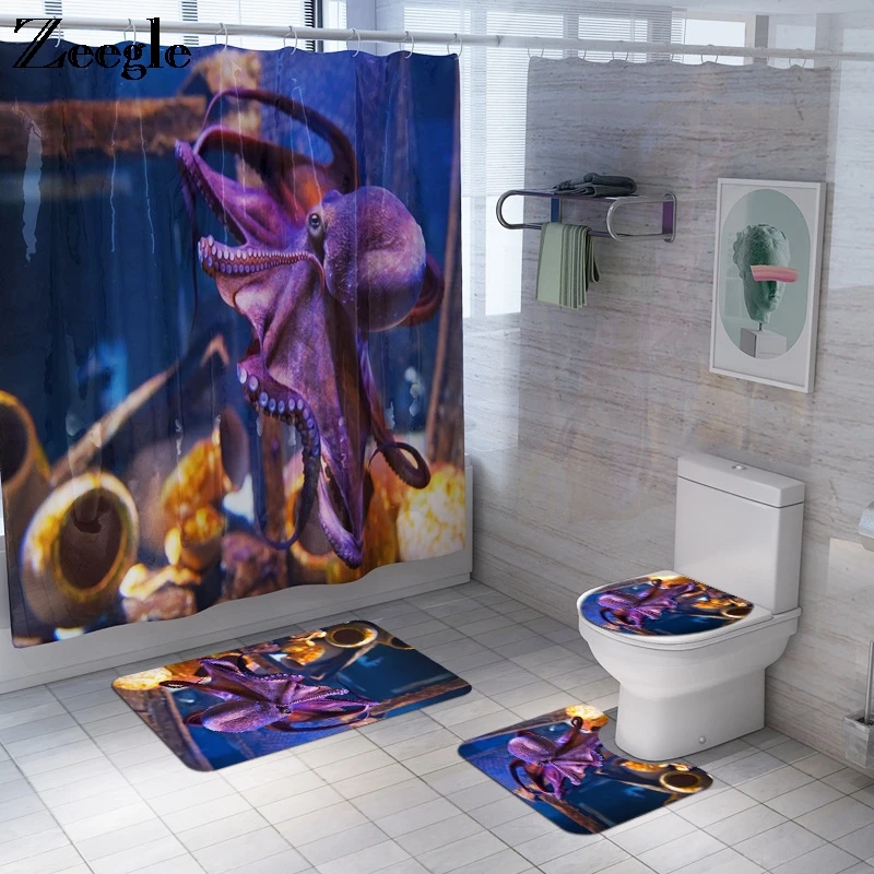 Zeegle Shower Curtain and Bath Mat Set Anti Slip Bathroom Doormat Washable Toilet Pedestal Rug Absorbent Soft 3pcs Bath Mat Set