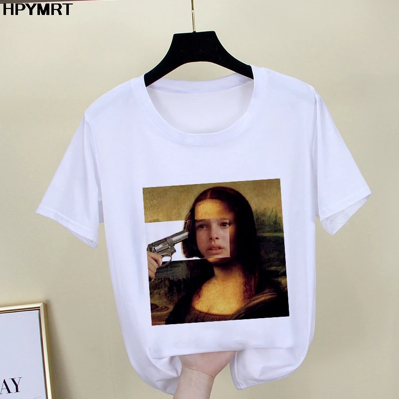 2020 New summer spoof Mona Lisa Print T Shirts Women aesthetics funny Tshirts Casual Short Sleeves Tops t-shirt Female Clothing