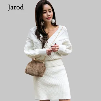 

Autumn Winter Women 2 Piece Sets Sweater Set Warm Knitted V-neck Lantern Sleeve Pullover&Elastic Waist Mini Skirt Suit Femme