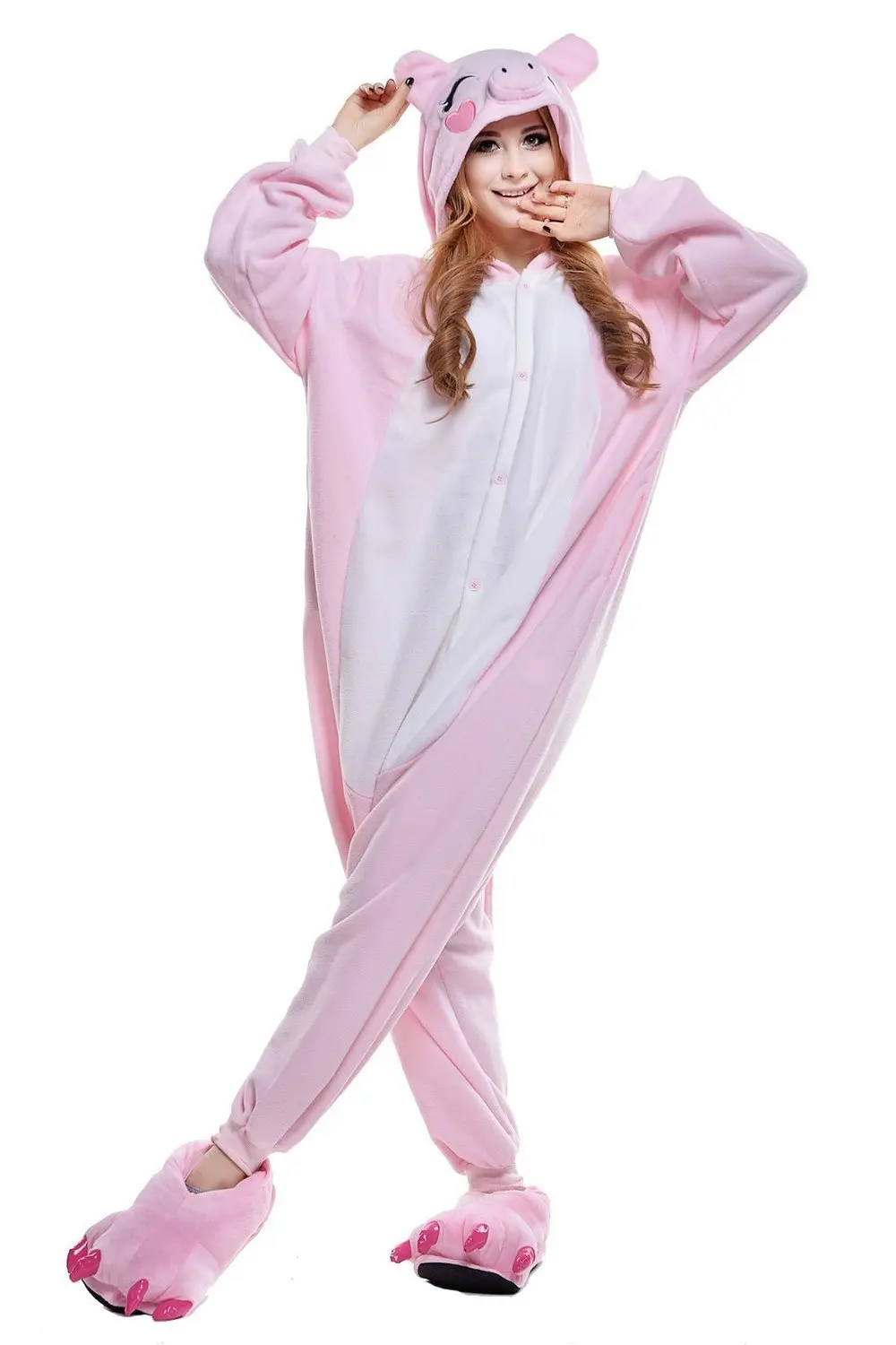 Wanziee Unisex Pink Pig Onesie Adult Pajama Plush One Piece Cosplay Animal Hoodie Costume S M L XL 