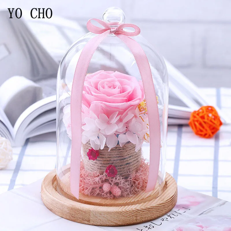 YO CHO Dried Flowers Rose Eternelle Prince Glass Cover Fresh Preserved Roses Flower In Dome for Wedding Decoration Gift for Wife