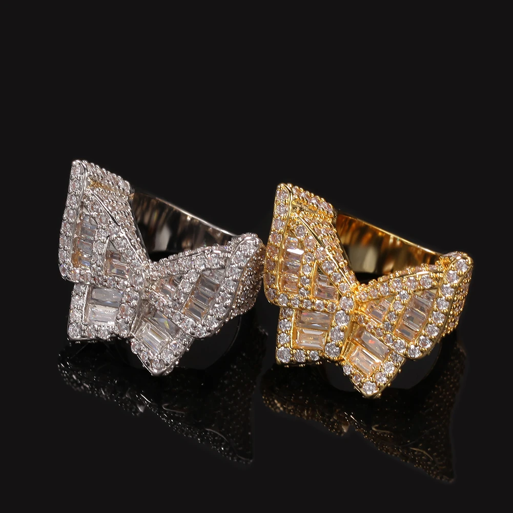 THE BLING KING Men Hiphop Ring Baguettecz Cluster Square Cut Large Butterfly Shape Cubic Zirconia Gold Color Party Ring Jewelry