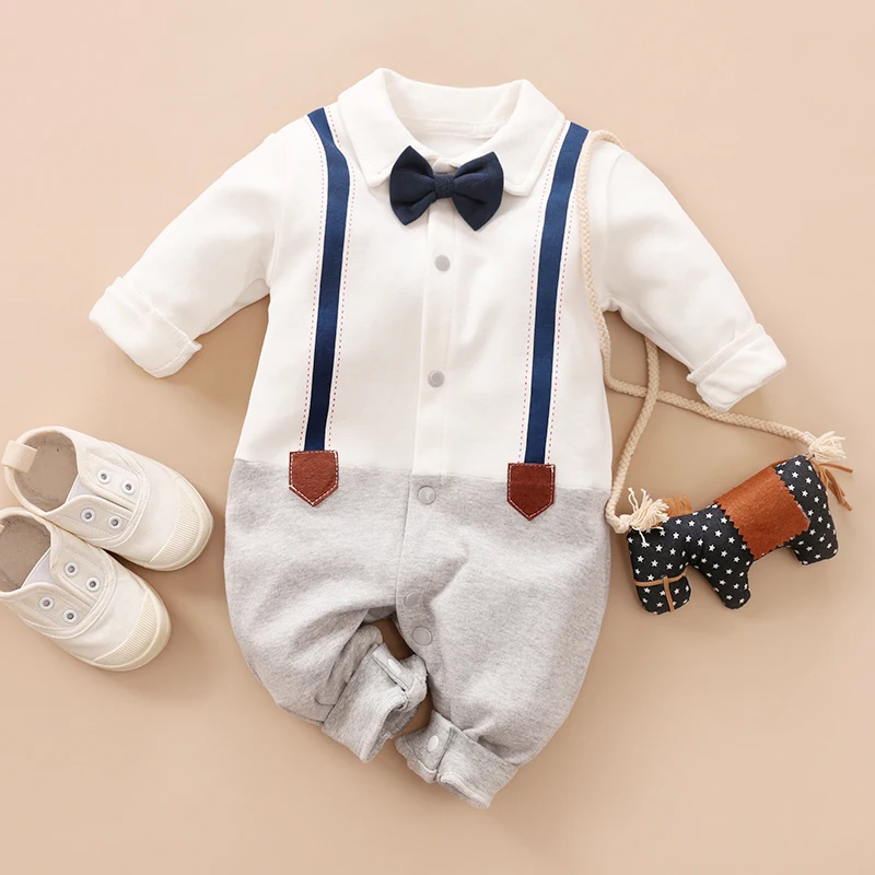PatPat New Spring and Autumn Cotton Crawling Baby Boy Grace Imitation Long Sleeve Gentleman Bow Tie Jumpsuit Clothes |