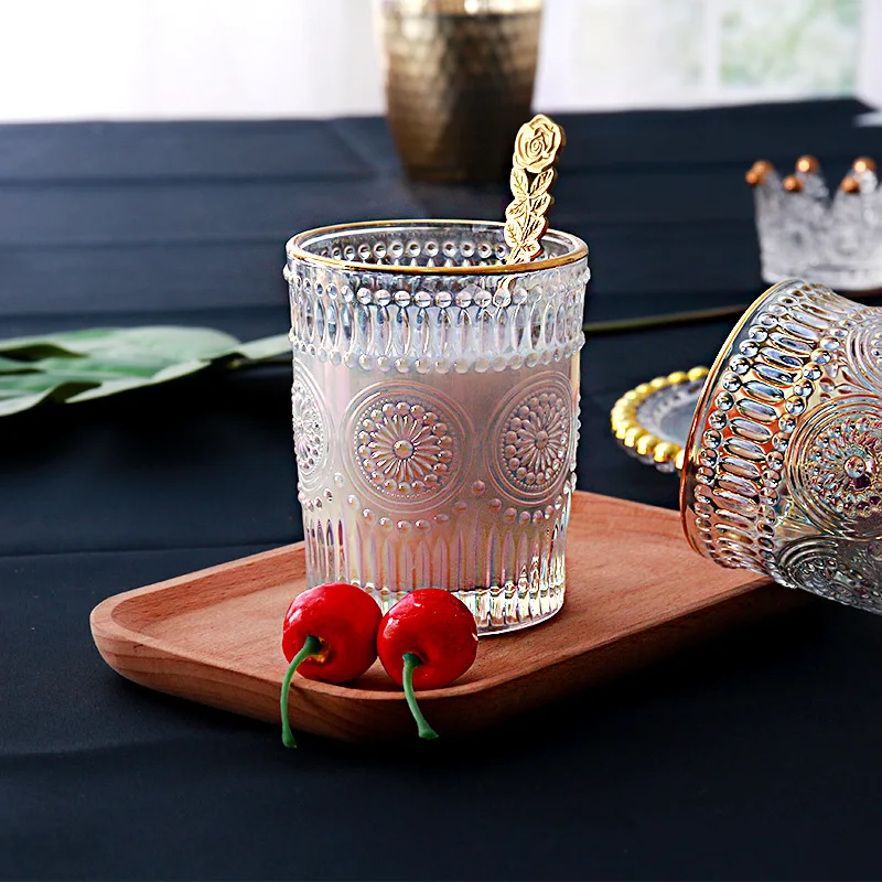 Nordic Vintage Glass Cup Sun Flower Embossed Wine Glasses Milk Coffee Cup Cold Drink Glass 265ml/330ml Transparent Water Cups