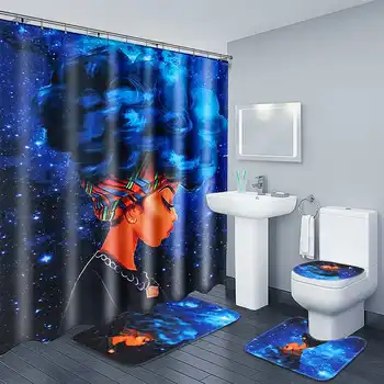 

African Girl Woman Bathroom Shower Curtain Waterproof Fabric Bath Curtain Rug Mat Set Anti-slip Toilet Pad Cover