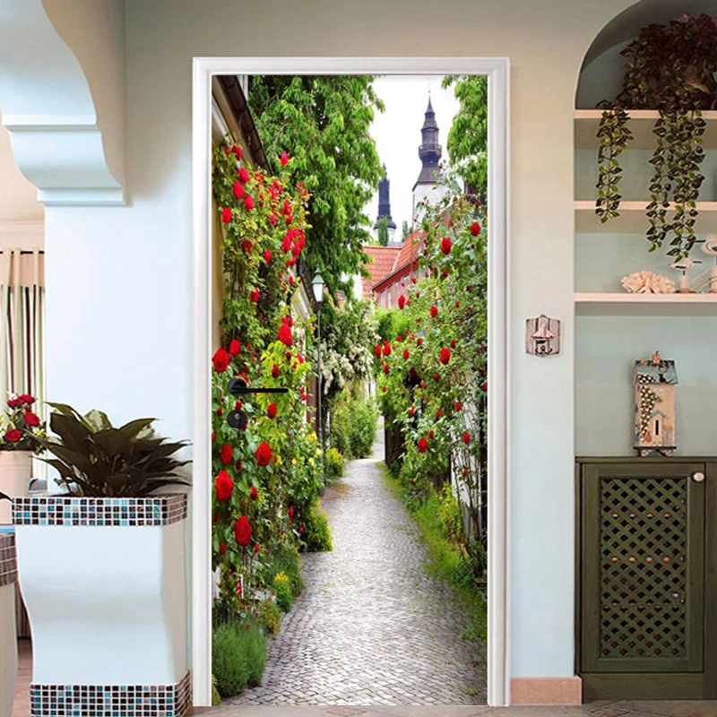 

3D Stickers Pastoral Landscape Path Flowers Wallpaper Living Room Bedroom Home Decor PVC Self-Adhesive Waterproof Door Stickers