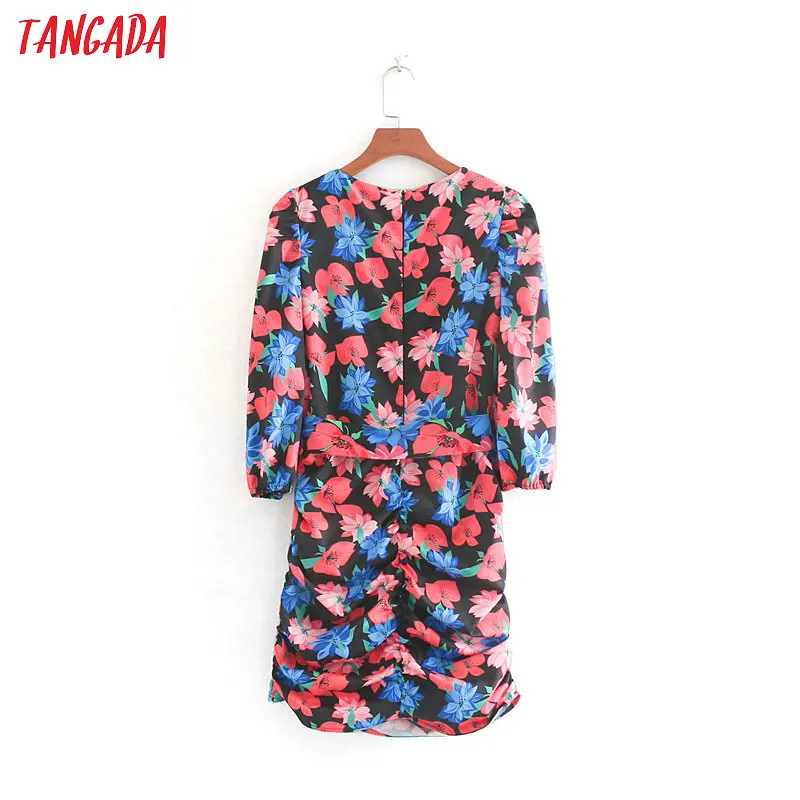Tangada women elegant wrap dress flower print V neck three-quarter sleeve fashion boho style female mini dresses CE451