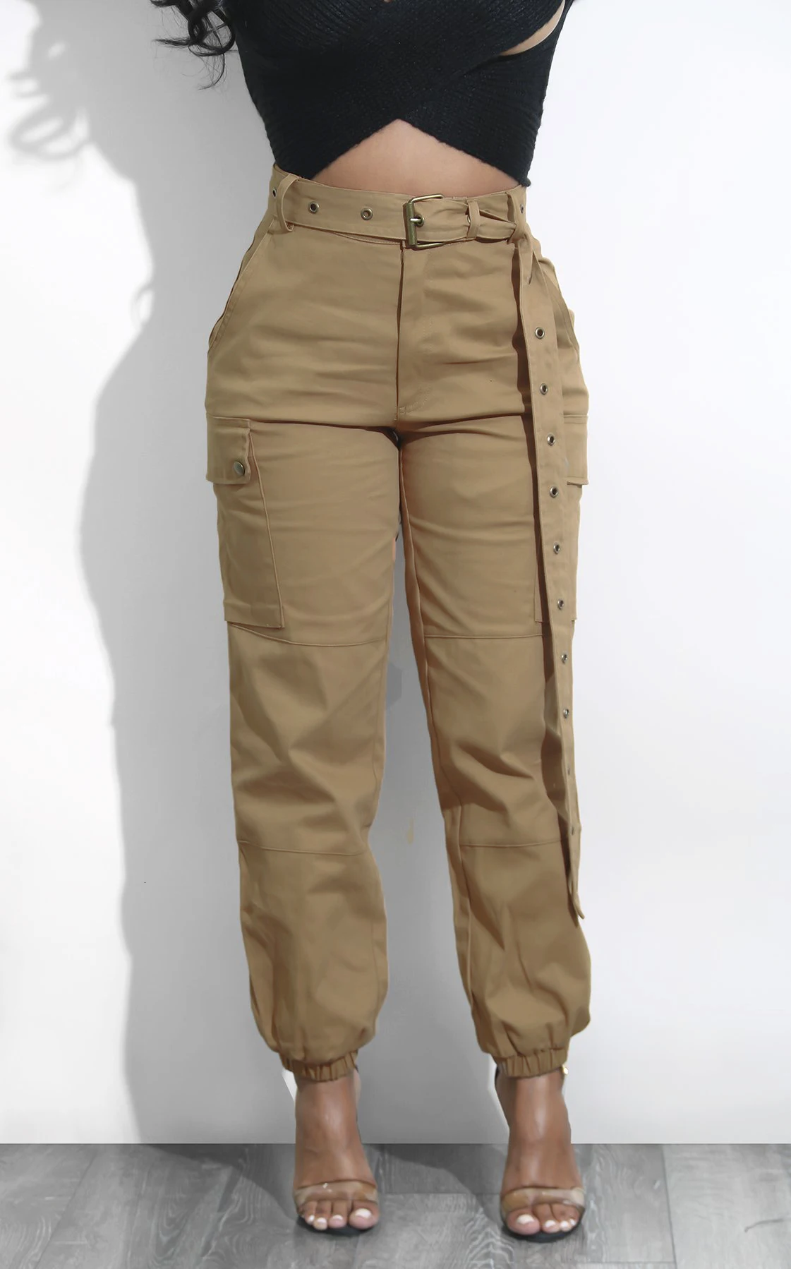 Fuedage, Осенние повседневные брюки-карго с поясом, свободные штаны с карманами на молнии цвета хаки, Женские однотонные брюки-карандаш с высокой талией