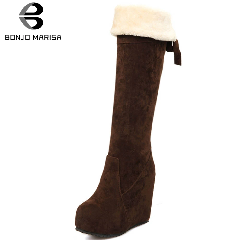 

BONJOMARISA 32-43 Ladies Wedges High Heels Platform Shoes Woman 2020 Fashion Winter Warm Knee High Snow Boots Women 2 Ways