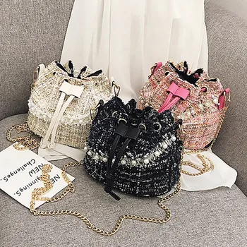 

Bag for Women 2019 High-end versatile chain bags Wool Drawstring Bucket Bags Pearl Shoulder Handbags