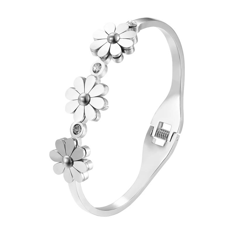 Crystal And 3 Chrysanthemum Shape Bracelets & Bangle Stainless Steel Spring Open Gold Color Bangle For Women Brand Jewelry bangle bracelet crystal bracelets stainless steel bracelet