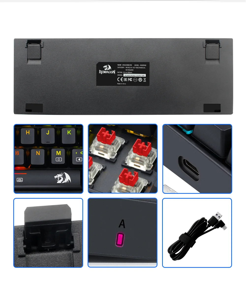 Redragon DragonBorn K630 RGB USB Mechanical Gaming Keyboard Red Switch 61 Keys Wired detachable cable,portable for travel computer keypad