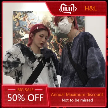 

Korean Style Ins Harajuku Street Dark Retro Tie-Dye Loose All-match Couple Long-Sleeved T-shirt Female Autumn Polyester Casual