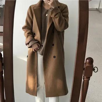 

Winter Coat Women Wool Double Breasted Korean Long Coat Solid Outwear Oversized Thicken Notched Pockets 2019 Office Lady V553