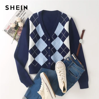 

SHEIN Navy Blue Argyle Print Button Through Cardigan Women Autumn V Neck Classic Coat Plaid Casual Crop Outerwear Cardigans