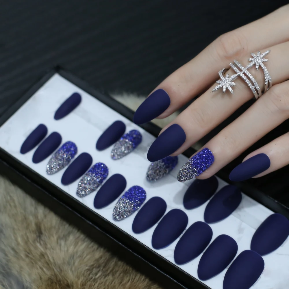 Блеск Поддельные ногти Шпильки Красный Ombre Gradeint накладные ногти синий полный набор матовый с блестками телесный флуоресцентный фиолетовый