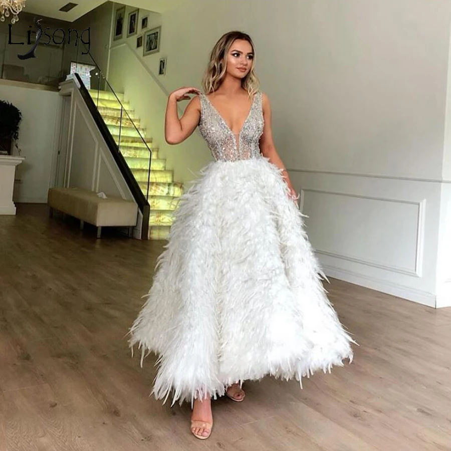 High End White Feather Evening Dresses With Sparkle Crystal Beaded Ankle Length Formal Party Vintage Prom Gowns | Свадьбы и