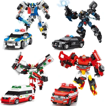 

City Swat Building Blocks 2 in 1 Deformation Vehicle Mech Robot Chariot God Ambulance Fire Police Car Bricks Model Set DIY Toys