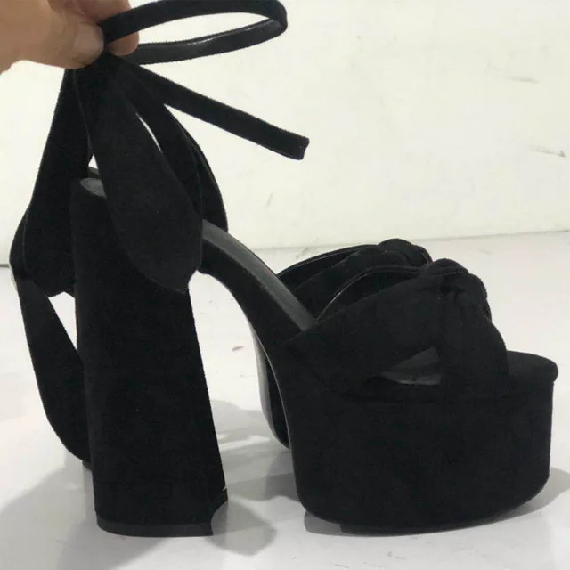 Women Chunky High Heels Lace-up Sandals Sexy Platform Round Toe Evening Party Shoe Ankle Strap Ball Summer Lady Sandals 1-D-SL-4 Black Suede