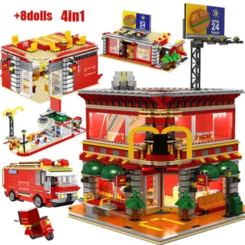 

1729pcs City Street View 4In1 LED Restaurant Architecture House Car Truck Model Building Blocks Kids Educational Christmas Toys