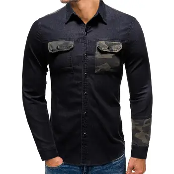 

Men's Shirts Jeans Camouflage Pocket stitching Long sleeve Casual Denim Shirts Men Blouse Male Gray Blue