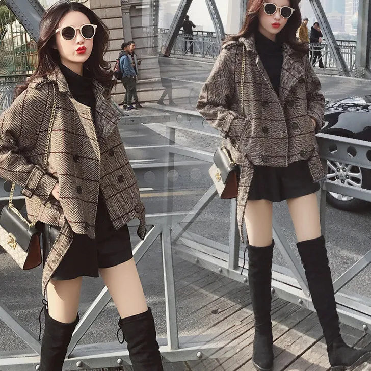 

2019 New Style Thick Plaid Graceful Woolen Jacket Short-height WOMEN'S Dress Woolen Overcoat Loose-Fit