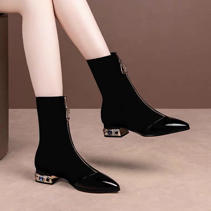 Botas tipo calcetín elástico para mujer, zapatos de otoño, bota corta  ajustada, punta estrecha, tacón de bloque bajo, cremallera frontal, color  negro, novedad de 2021|Botas hasta el tobillo| - AliExpress