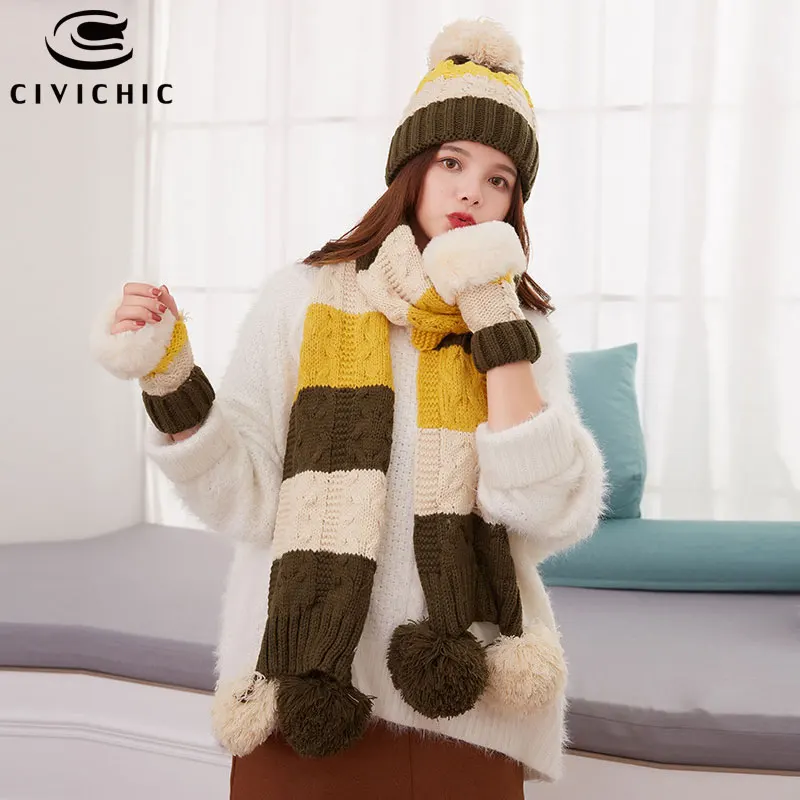 CIVICHIC корейский стиль зимний цветной вязаный теплый шарф и шапка перчатки Комплект из 3 предметов Элегантные вязаные утолщенные шапки твист шаль SH124 - Цвет: Коричневый