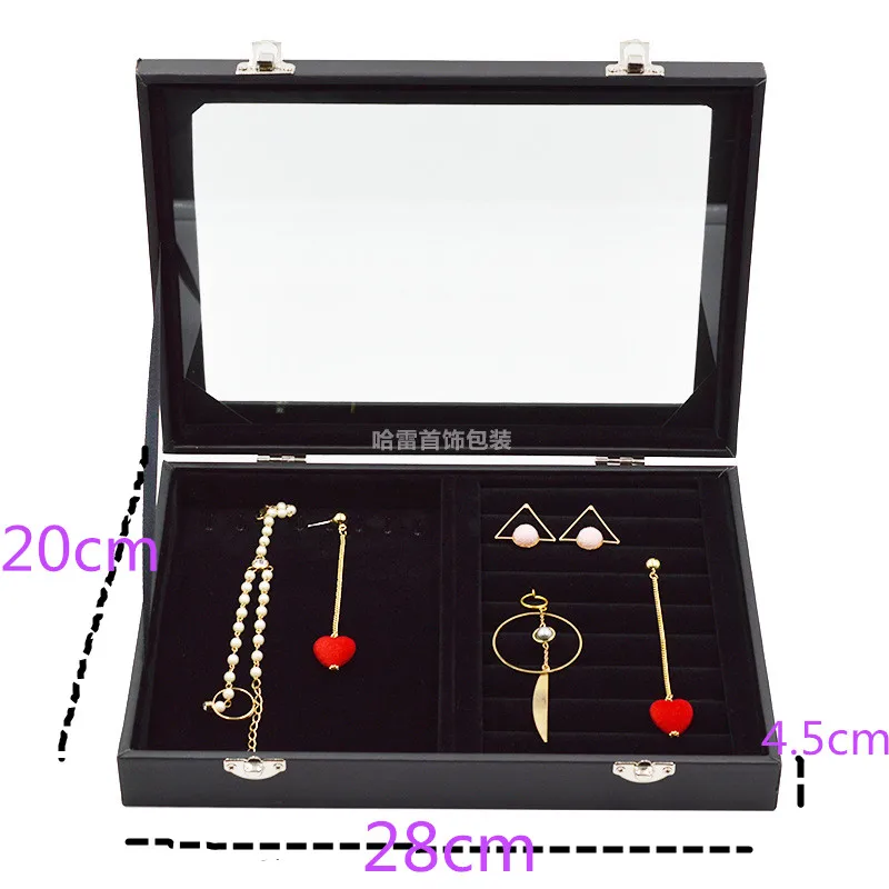 Средняя бархатная черная сумочка со стеклянной крышкой Ювелирное кольцо Дисплей Коробка лоток стойка коробка для хранения Органайзер