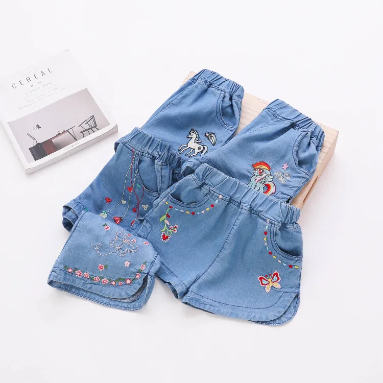 

2018 Summer New Style Korean-style Children Childrenswear Girls Embroidery Flowers Pony Cartoon Denim Shorts
