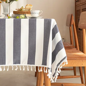 

European Style Simple Cotton and Linen Striped Tassel Tablecloth Literary Coffee Table Rectangular Table Cloth Room Decoration