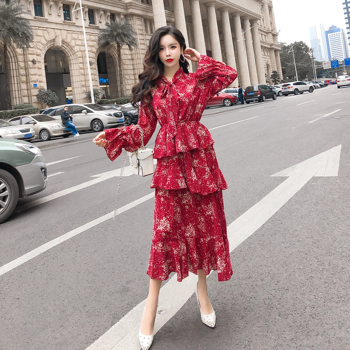 

Photo Shoot Chiffon Department Bow Mid-length Long Sleeve Elastic Waist Floral-Print Irregular Cake Dress Women's
