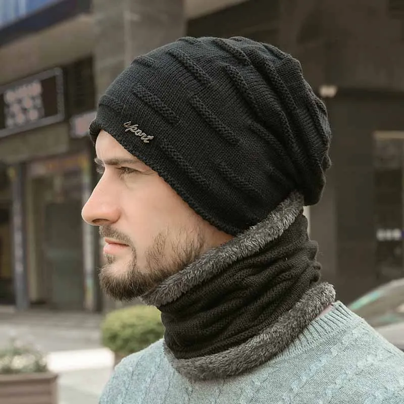 Мужская шапочка-шарф, набор, Осень-зима, для активного отдыха, толстая, тепловая, пушистая, вязаная шапка, шея, Теплый головной убор - Цвет: QJ2307B