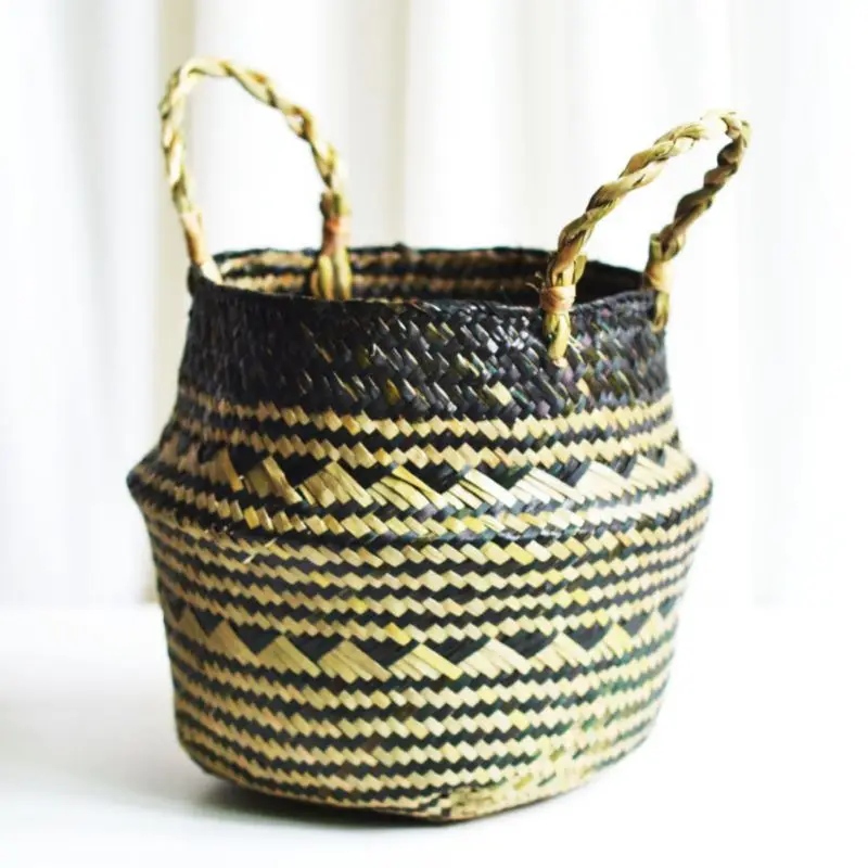 

1 Pcs Foldable Handmade Folding Wicker Grass Weaving Chrysanthemum Black Plaids Storage Basket Home Ornaments Decorations