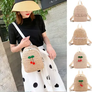 

Women’s Straw Backpack Solid Pearl and Cherry Decorated Rucksack School Shoulder Bag Satchel Tote Bags